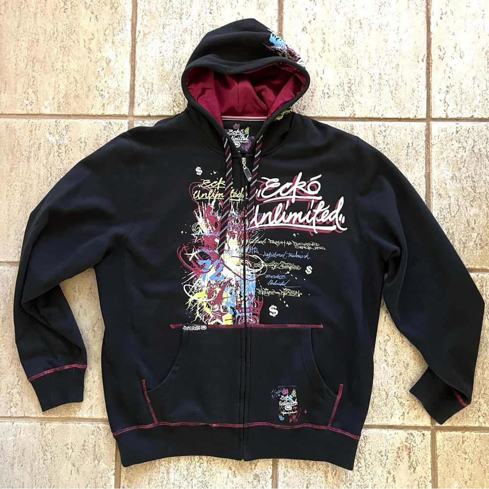 Ecko Unltd Hoodie Mens XL Black Full Zip Sweater Hip Hop Graffiti Skater Y2K‎